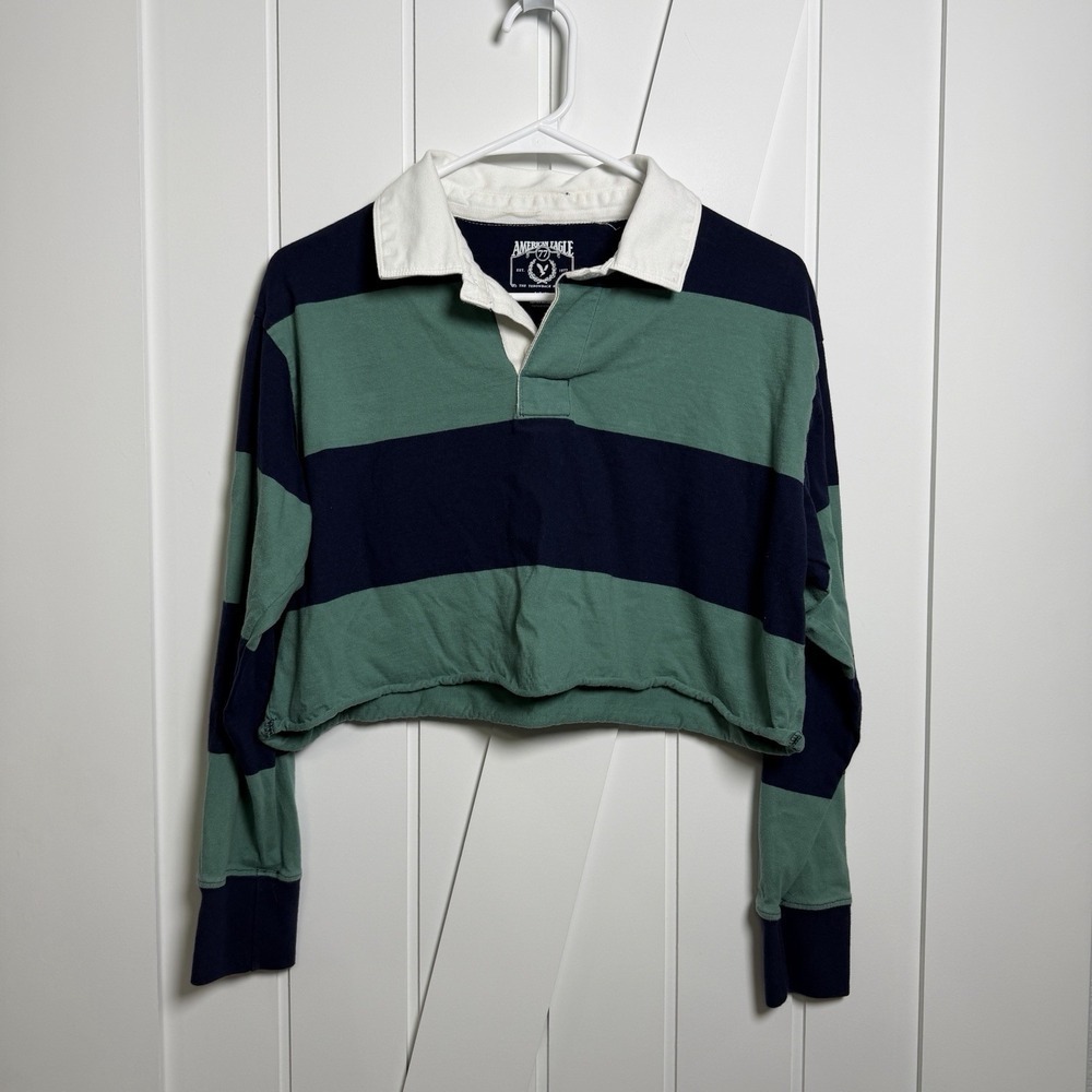 American Eagle Women's Striped Cropped Rugby Shirt Small Long Sleeve Blue Green